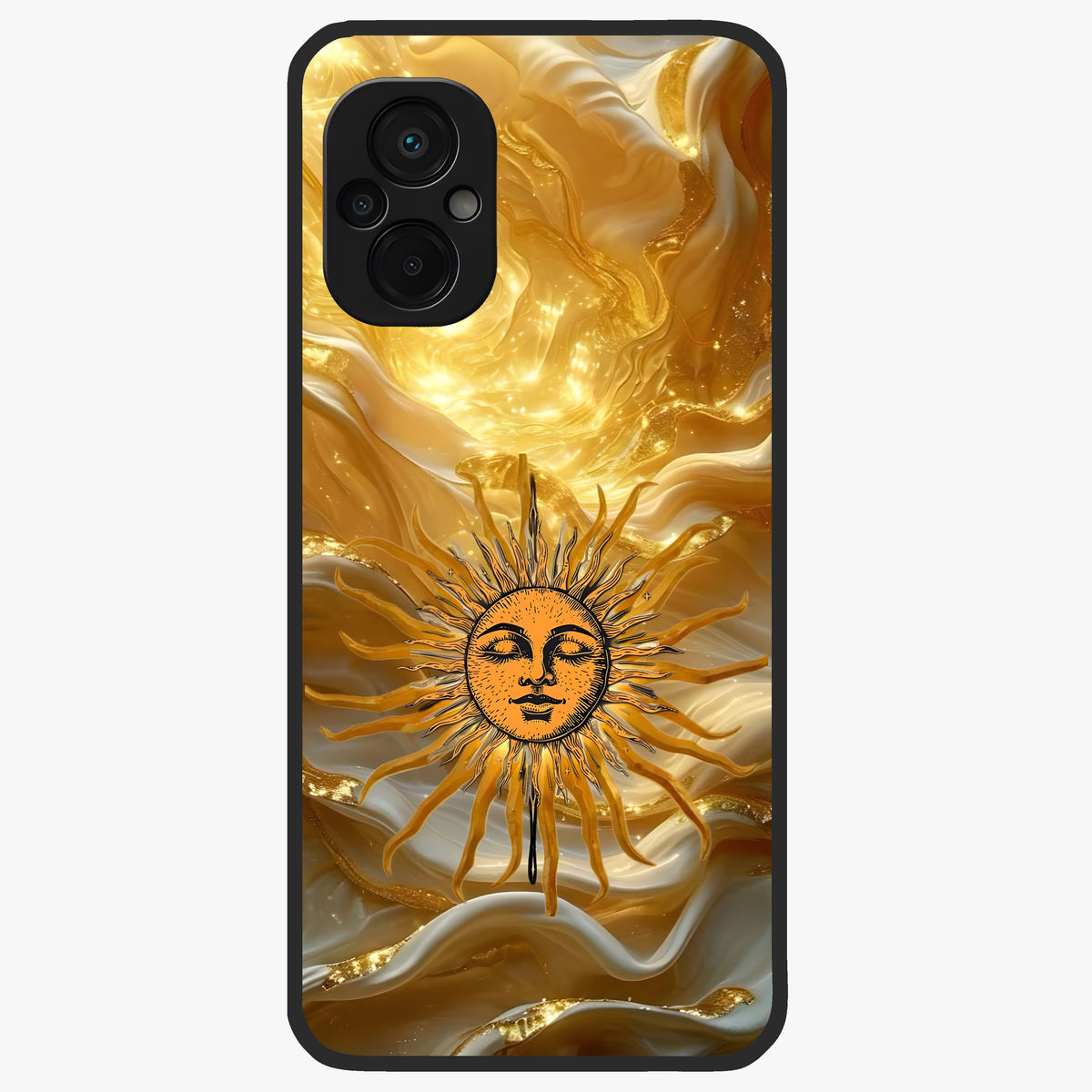 Eternal Golden Glow Glass Case showing flat back view with radiant golden themed artwork and glossy glass finish.