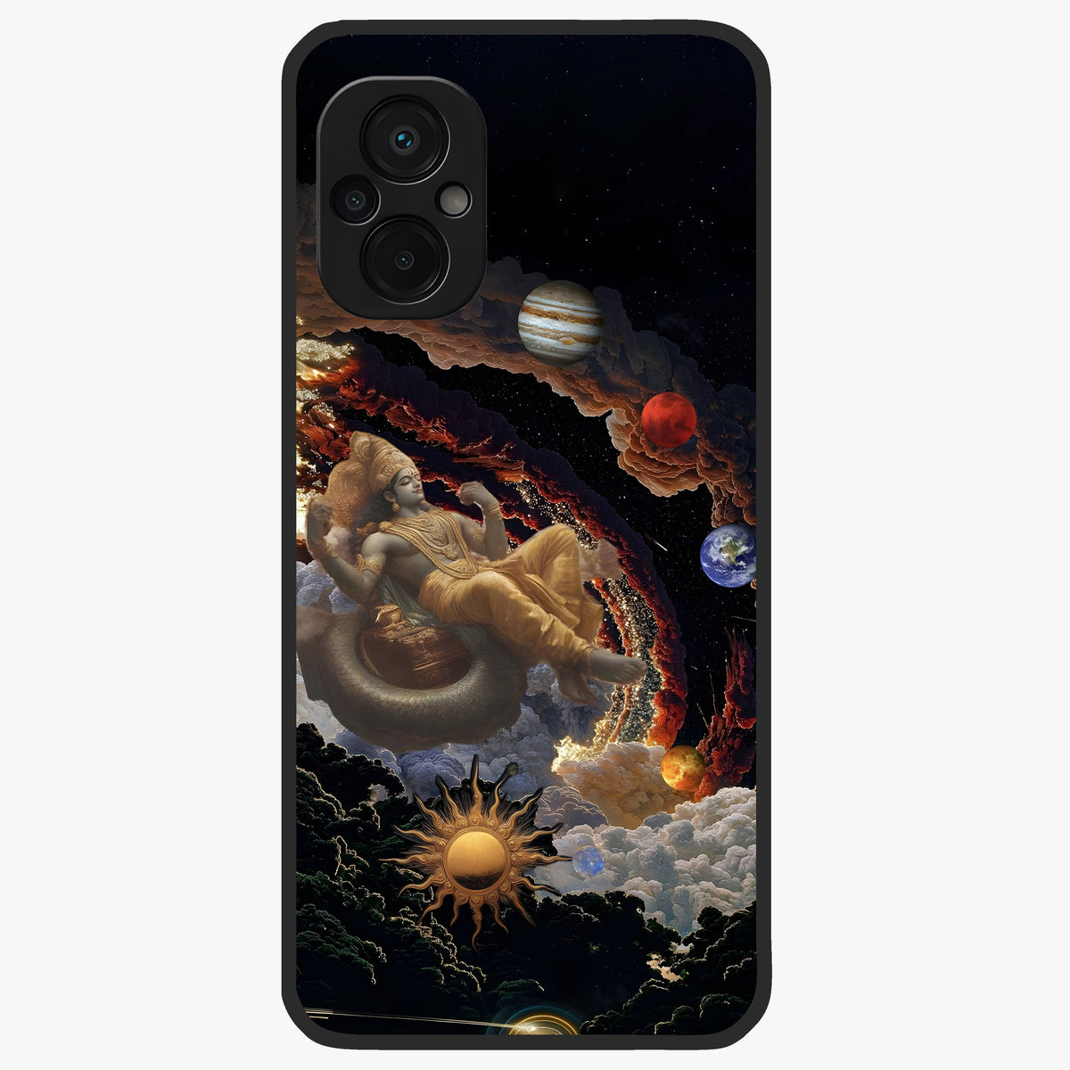 Galactic Divine God Glass Case showing flat back view with divine cosmic themed artwork and glossy glass finish.