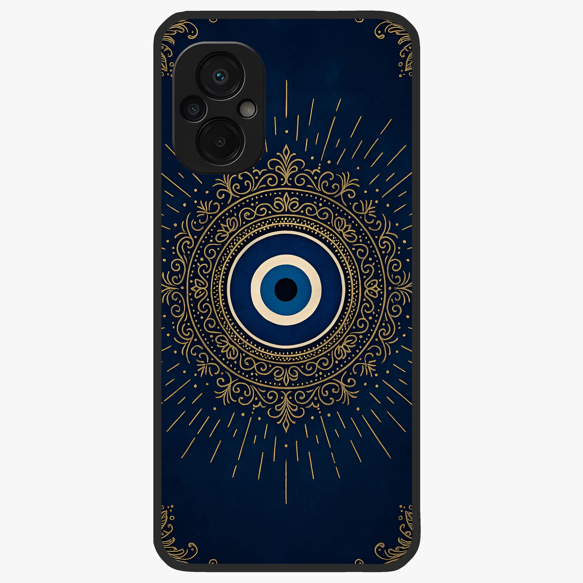 Golden Evil Eye Mandala Glass Case showing flat back view with intricate evil eye mandala artwork and glossy glass finish.