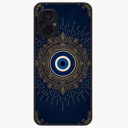 Golden Evil Eye Mandala Glass Case showing flat back view with intricate evil eye mandala artwork and glossy glass finish.