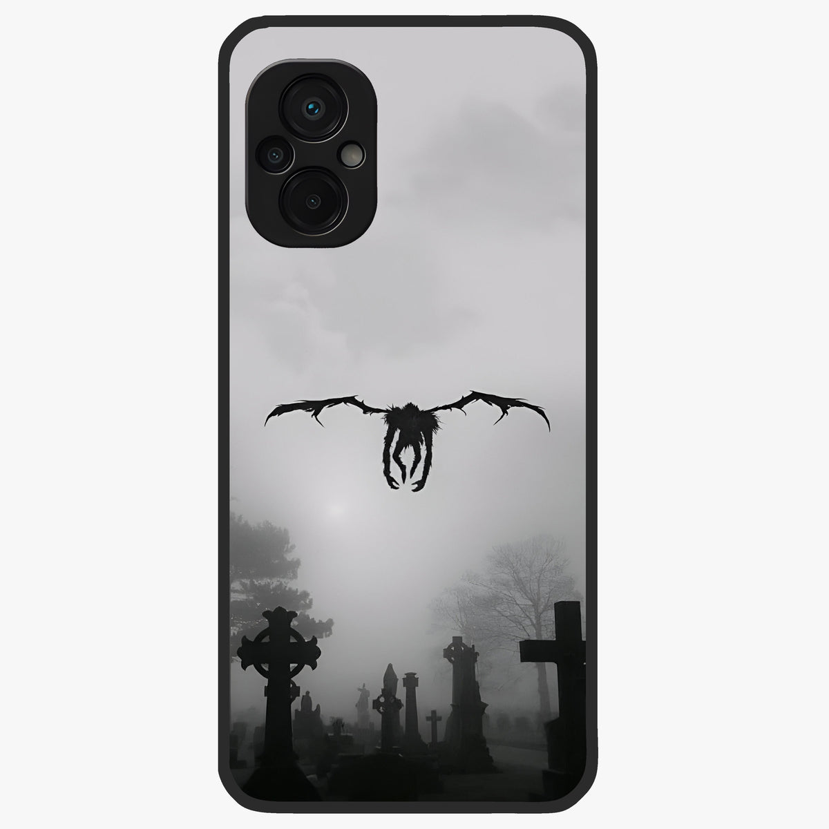 Graveyard Shadow Descent Glass Case showing flat back view with dark graveyard themed artwork and glossy glass finish.