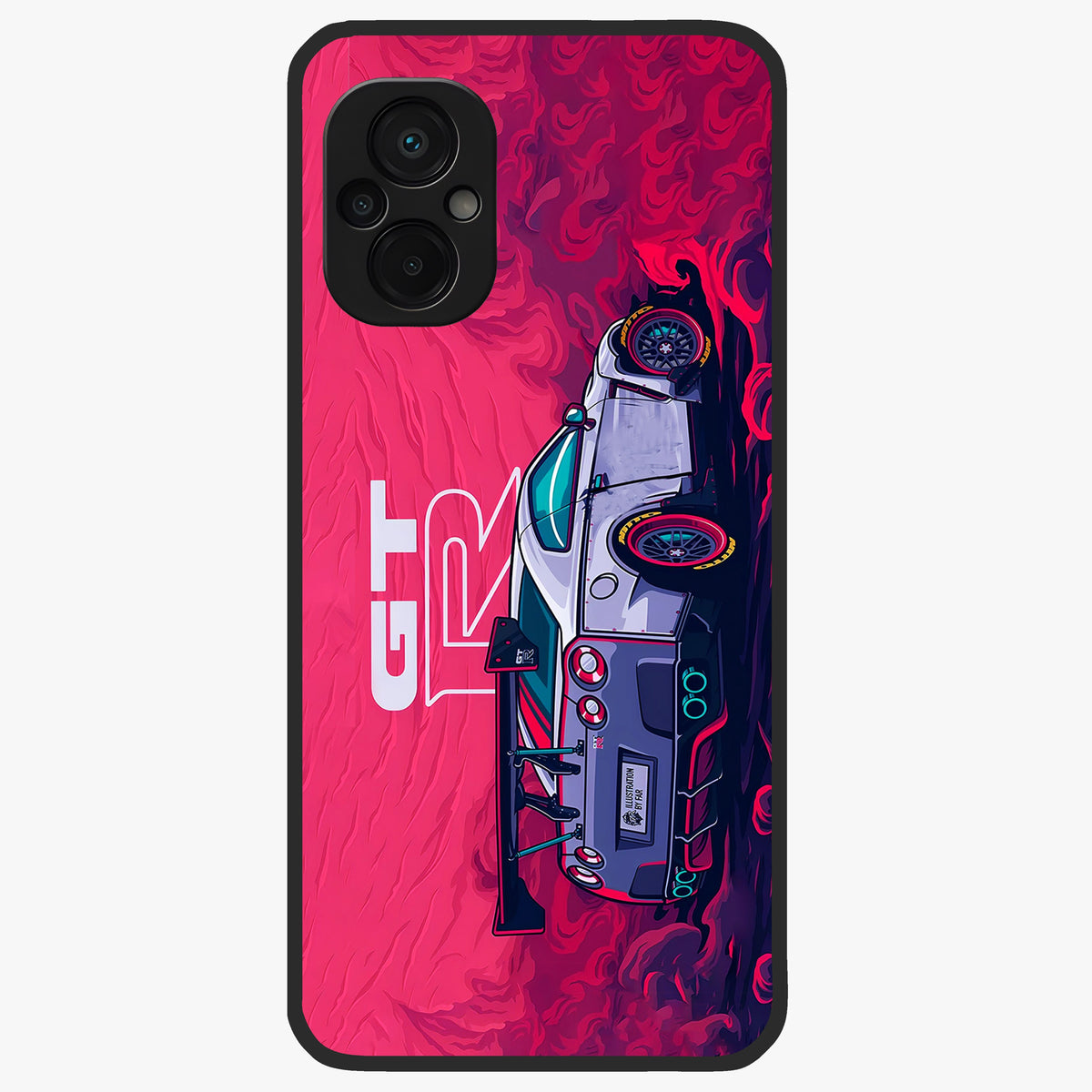GT-R Car Pattern Glass Case showing flat back view with sporty car inspired pattern artwork and glossy glass finish.
