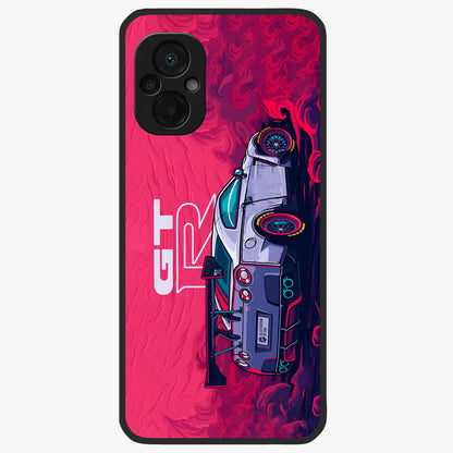 GT-R Car Pattern Glass Case showing flat back view with sporty car inspired pattern artwork and glossy glass finish.