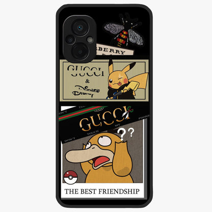 Gucci Play Mashup Glass Case showing flat back view with luxury inspired graphic artwork and glossy glass finish.