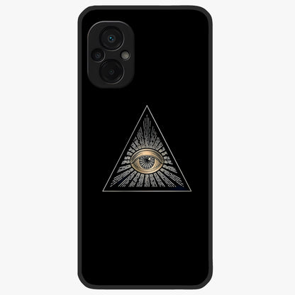 Illuminati Evil Glass Case showing flat back view with mysterious illuminati symbol artwork and glossy glass finish.