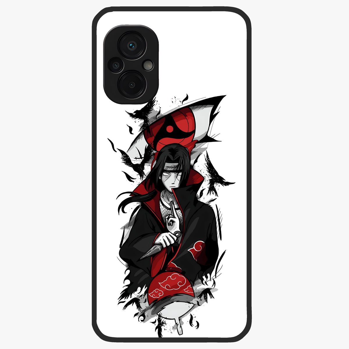 Itachi Sharingan Glass Case showing flat back view with powerful anime eye artwork and glossy glass finish.