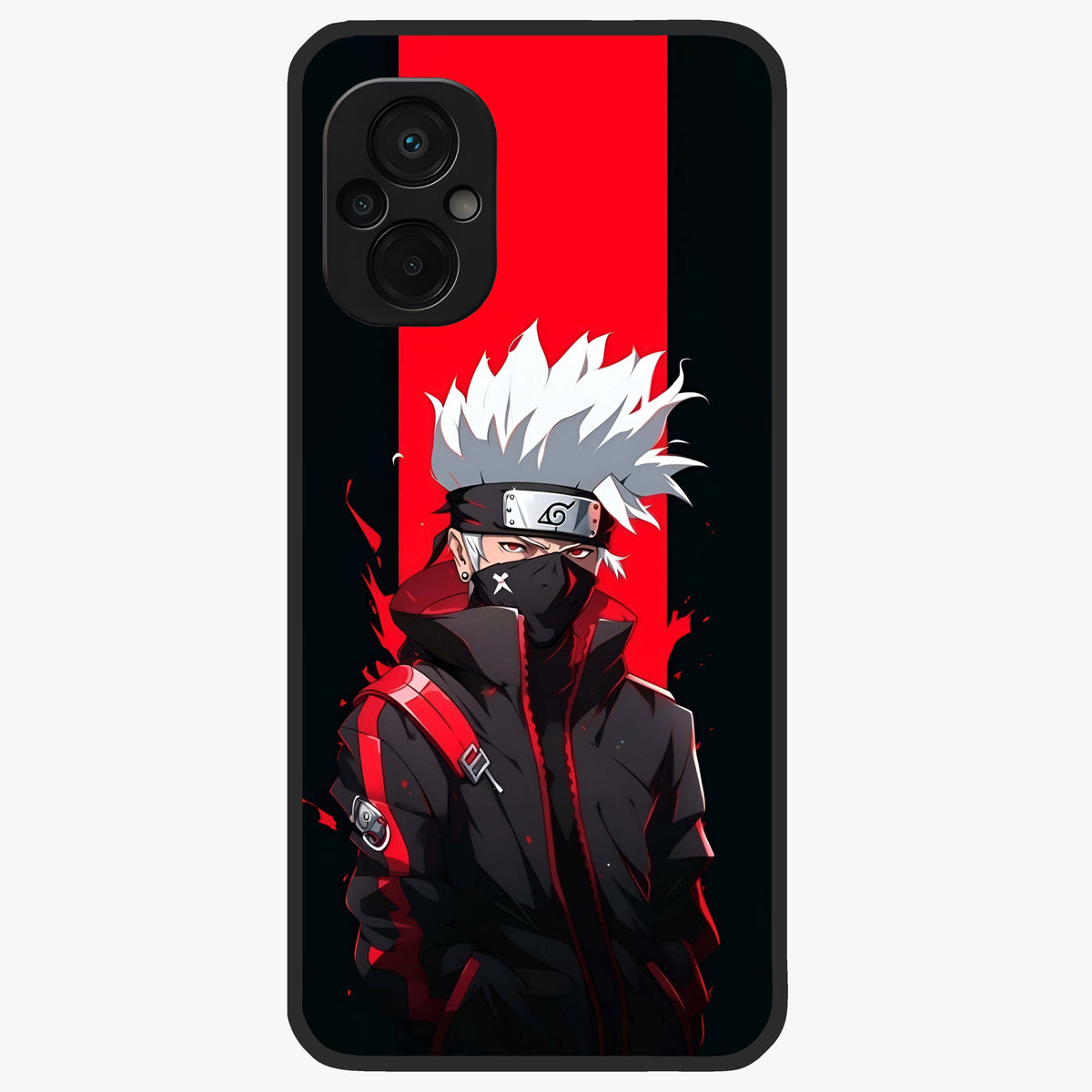 Kakashi Scarlet Shadow Glass Case showing flat back view with powerful anime ninja artwork and glossy glass finish.