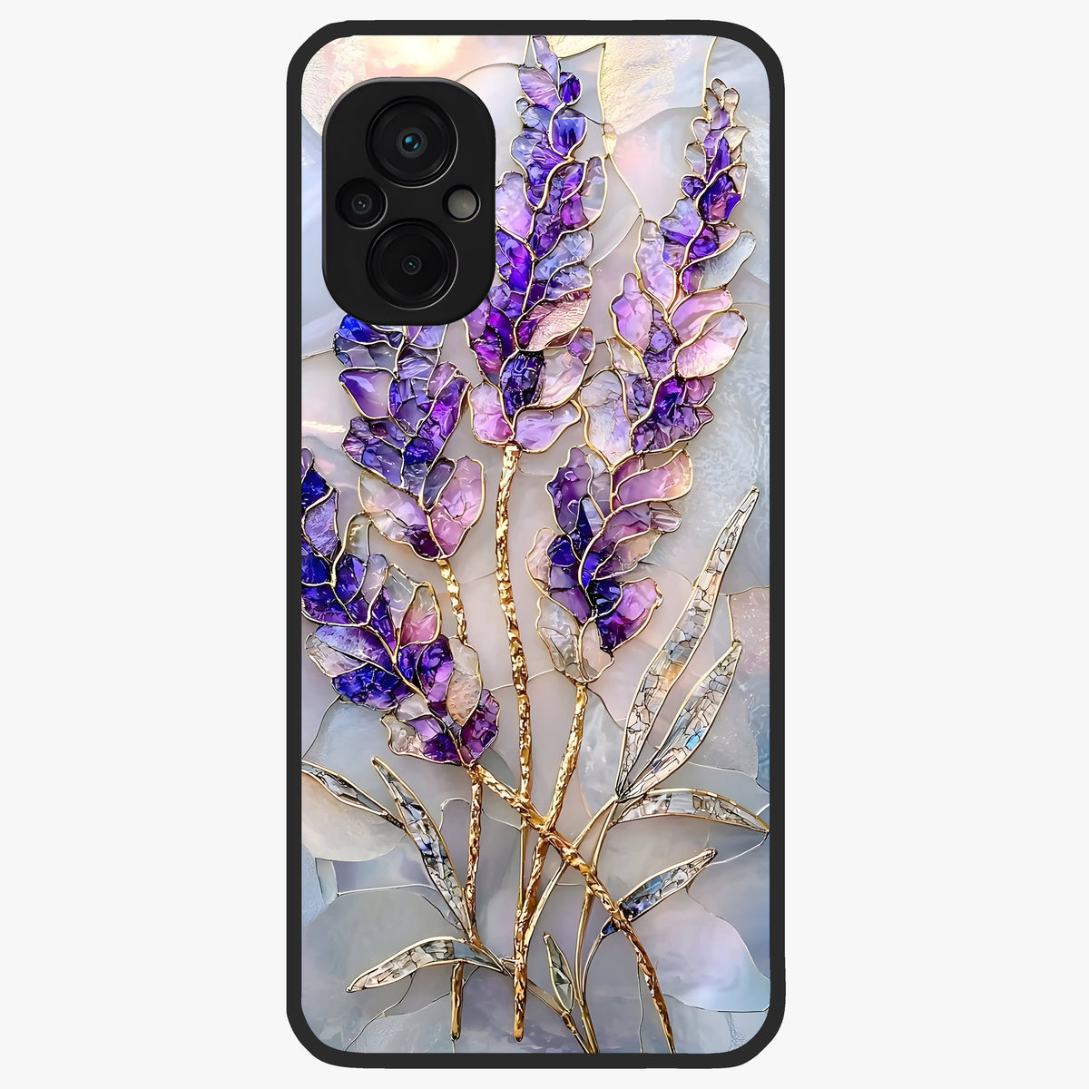 Lavender Dream Glow Glass Case showing flat back view with glowing lavender aesthetic artwork and glossy glass finish.