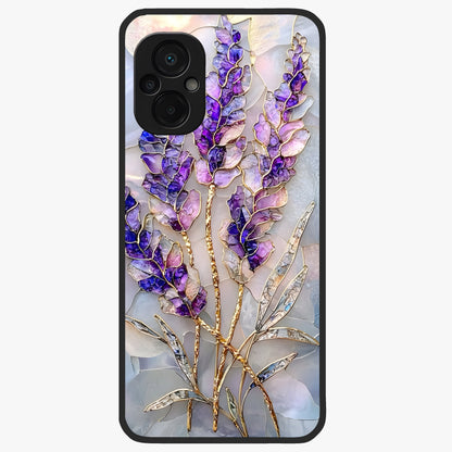 Lavender Dream Glow Glass Case showing flat back view with glowing lavender aesthetic artwork and glossy glass finish.