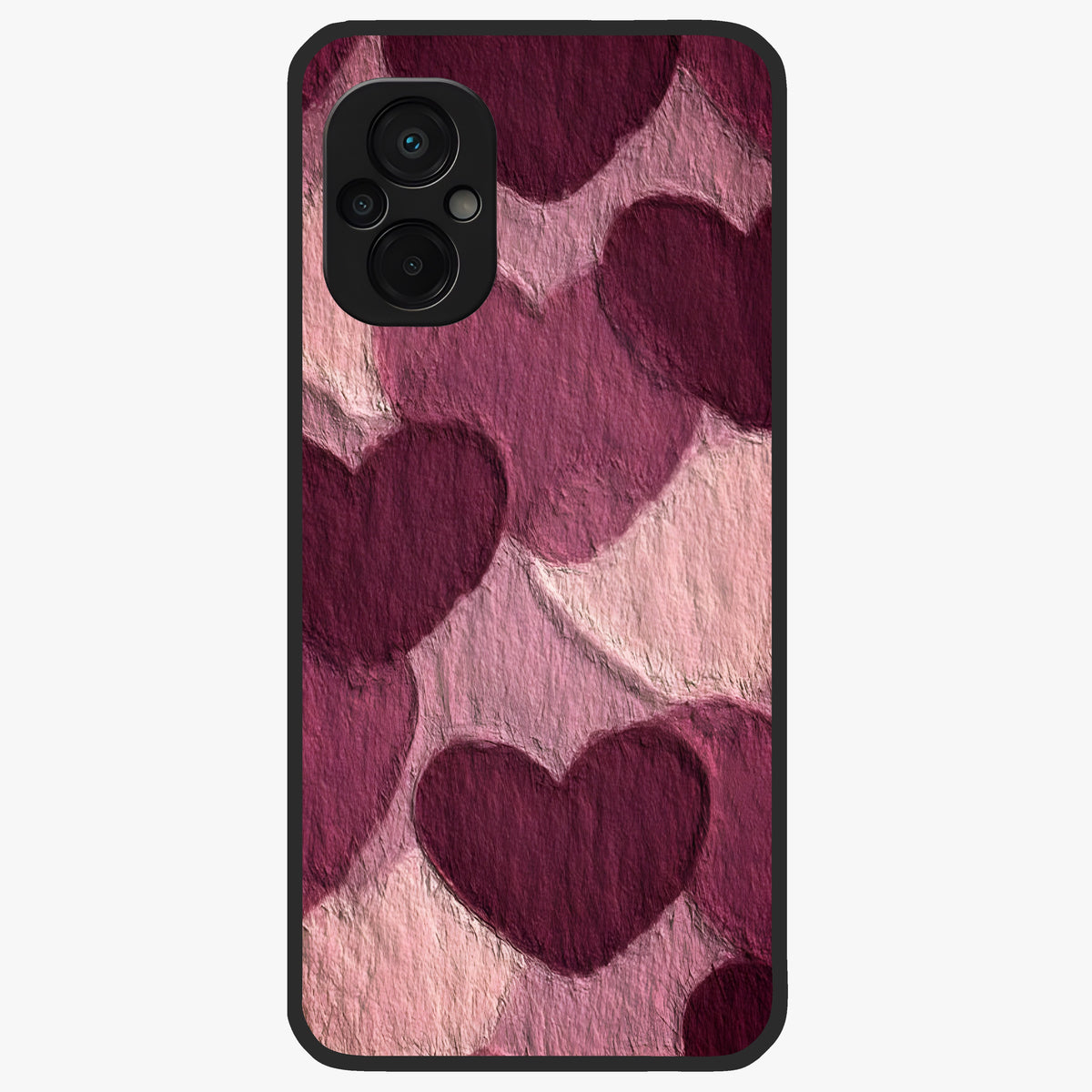Layered Paper Hearts Glass Case showing flat back view with layered paper heart artwork and glossy glass finish.