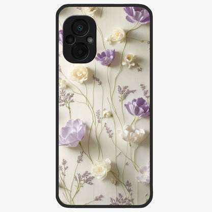 Lilac Breeze Harmony Glass Case showing flat back view with soft lilac themed artwork and glossy glass finish.