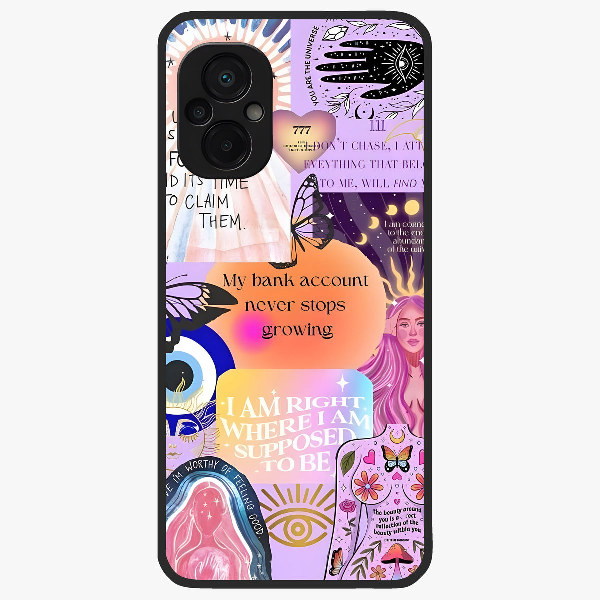 Manifestation Collage Glass Case showing flat back view with motivational collage artwork and glossy glass finish.