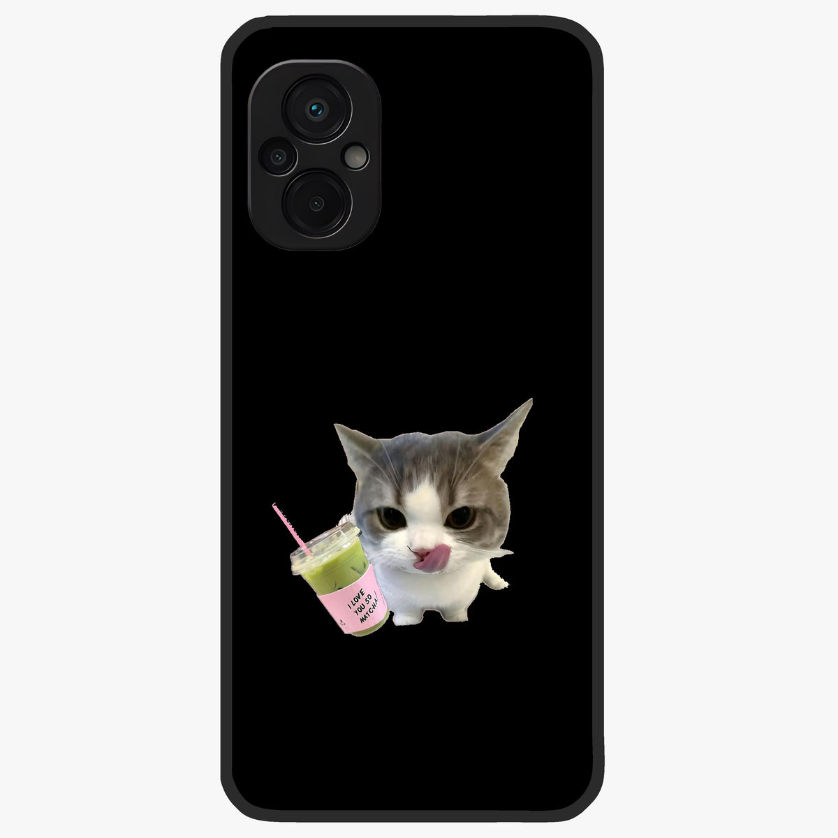Matcha Cat Style Glass Case showing flat back view with cute matcha themed cat artwork and glossy glass finish.