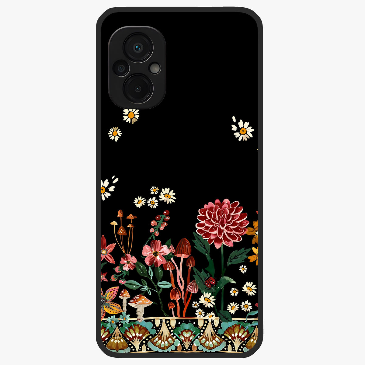 Midnight Bloom Pattern Glass Case showing flat back view with dark floral pattern artwork and glossy glass finish.