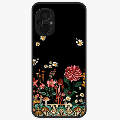 Midnight Bloom Pattern Glass Case showing flat back view with dark floral pattern artwork and glossy glass finish.