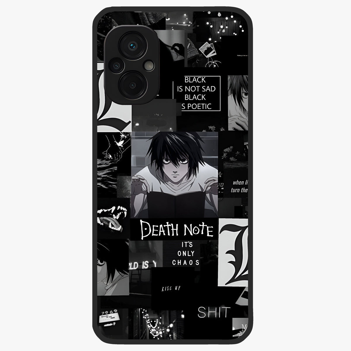Midnight Chaos Mind Glass Case showing flat back view with abstract dark themed artwork and glossy glass finish.