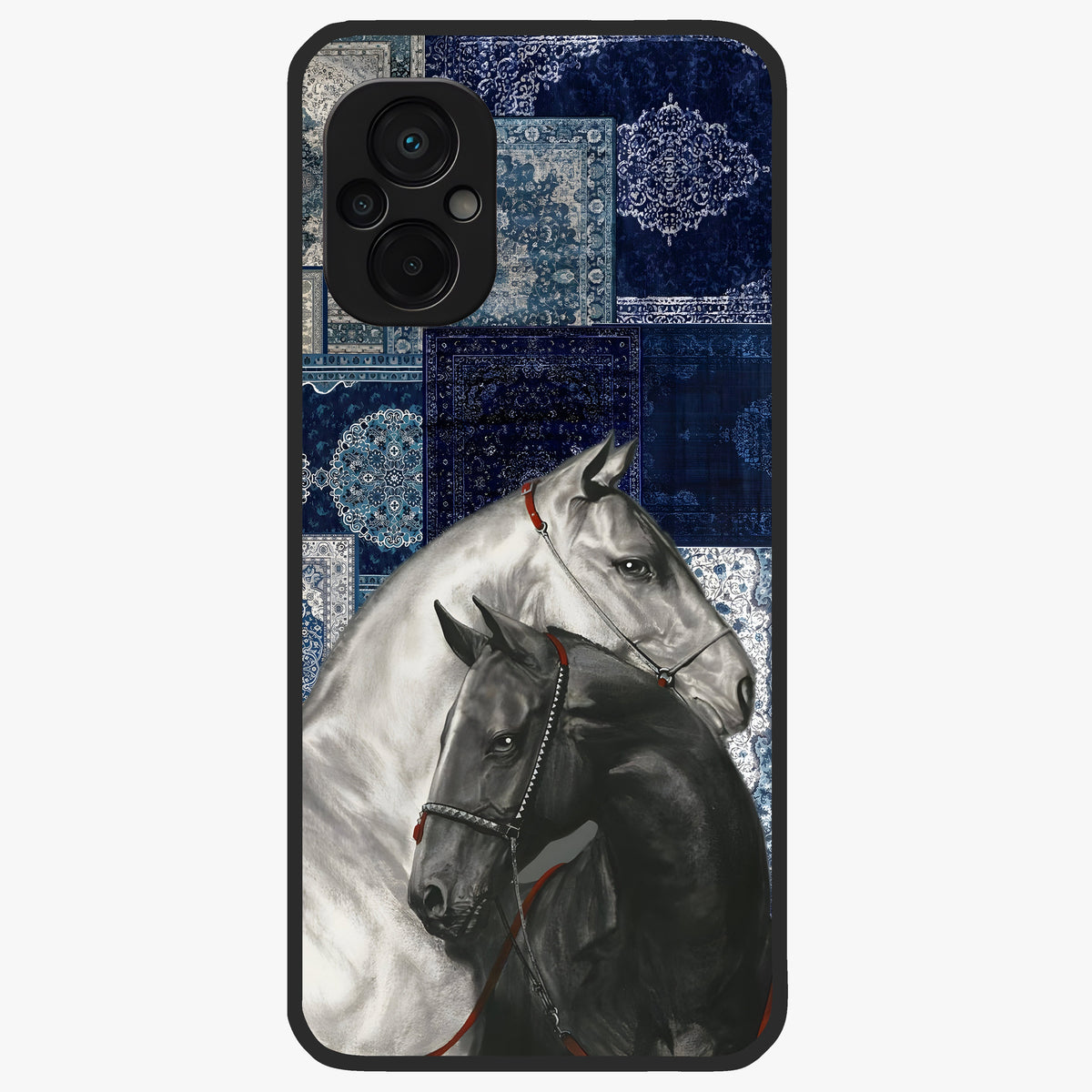 Midnight Stallion Blues Glass Case showing flat back view with majestic horse artwork and glossy glass finish.