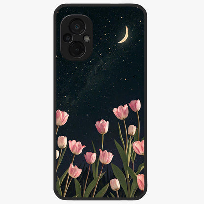 Midnight Tulip Whispers Vibe Glass Case showing flat back view with elegant tulip flower artwork and glossy glass finish.