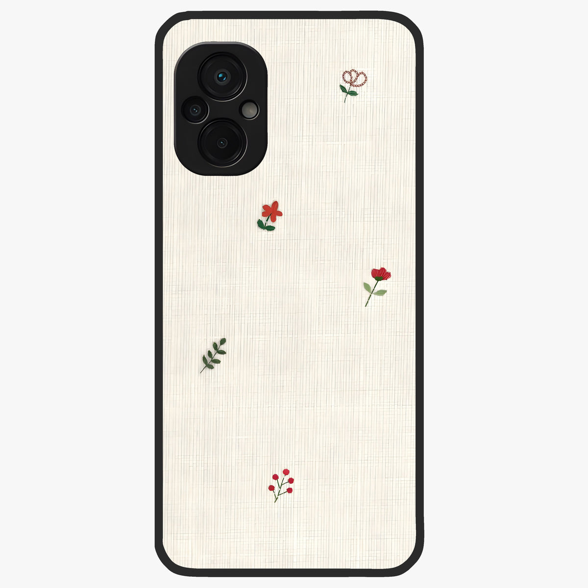 Minimal Petal Whispers Glass Case showing flat back view with soft minimal floral artwork and glossy glass finish.