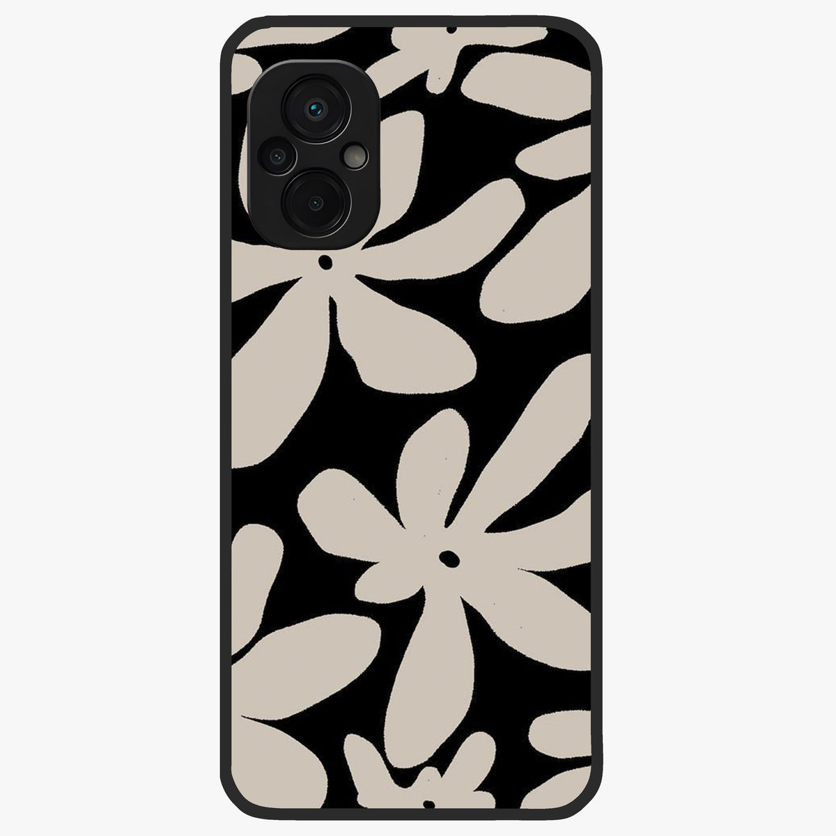 Monochrome Petal Dance Glass Case showing flat back view with monochrome floral artwork and glossy glass finish.