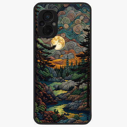 Moonlight Forest Dream Glass Case showing flat back view with mystical forest moonlight artwork and glossy glass finish.
