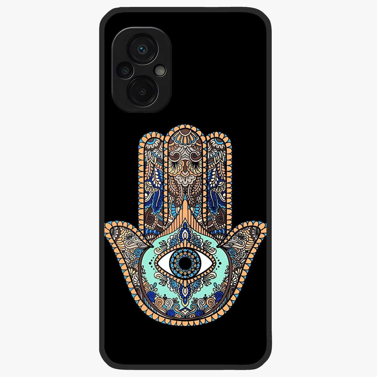 Mystic Hamsa Eye Glass Case showing flat back view with protective hamsa hand and evil eye artwork and glossy glass finish.