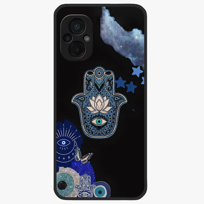Mystic Hand Aura Glass Case showing flat back view with mystical hand symbol artwork and glossy glass finish.