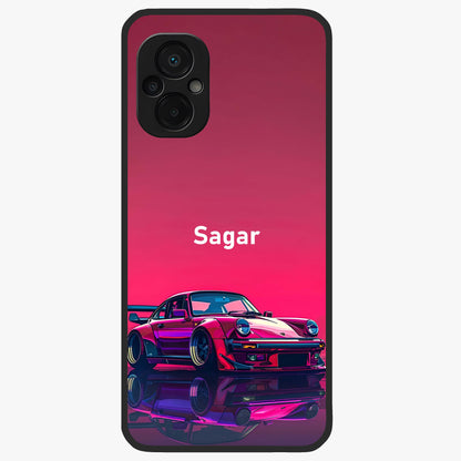 Neon Pink Porsche Glass Case showing flat back view with stylish sports car artwork and glossy glass finish.