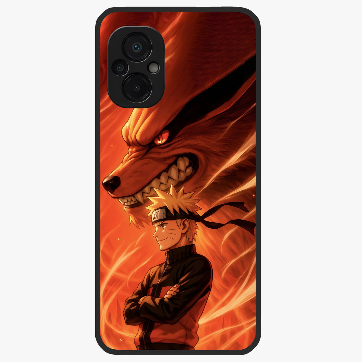 Nine Tails Legacy Glass Case showing flat back view with powerful nine-tailed fox inspired artwork and glossy glass finish.