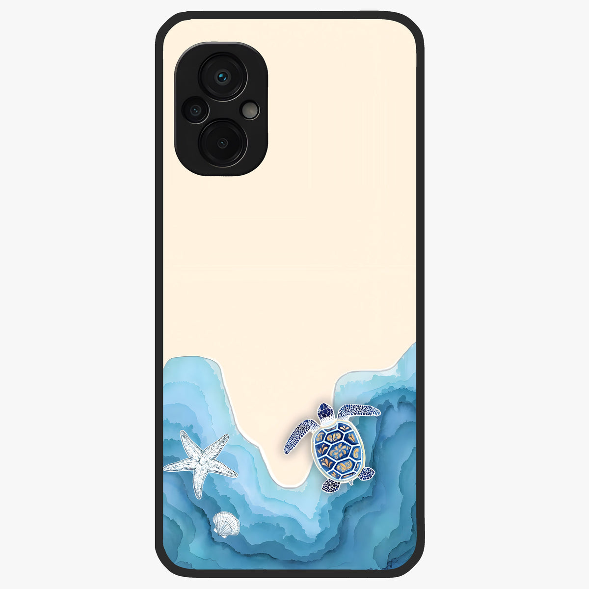 Ocean Drift Turtle Glass Case showing flat back view with sea turtle artwork and glossy glass finish.