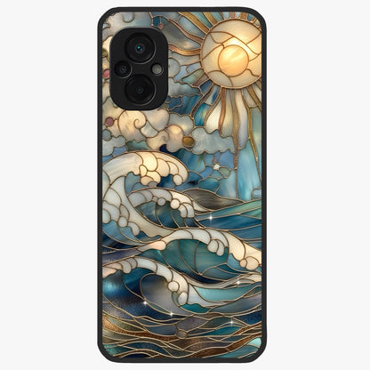 Oceanic Stained Printed Glass Case showing flat back view with ocean inspired stained pattern artwork and glossy glass finish.