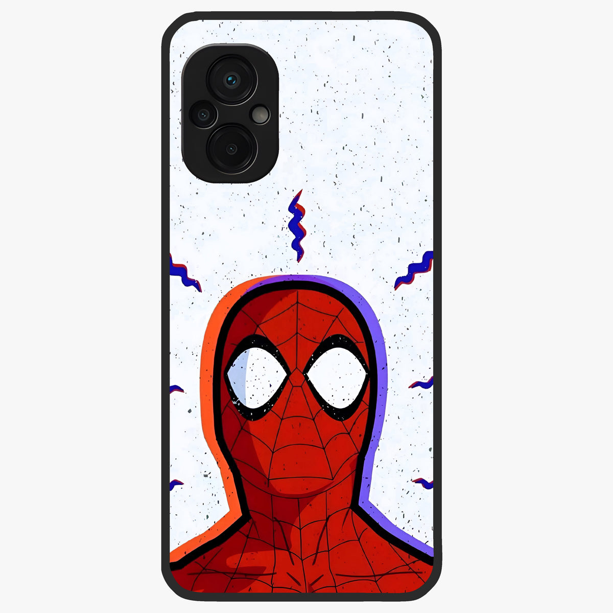 Omg Spiderman Glass Case showing flat back view with bold superhero inspired artwork and glossy glass finish.