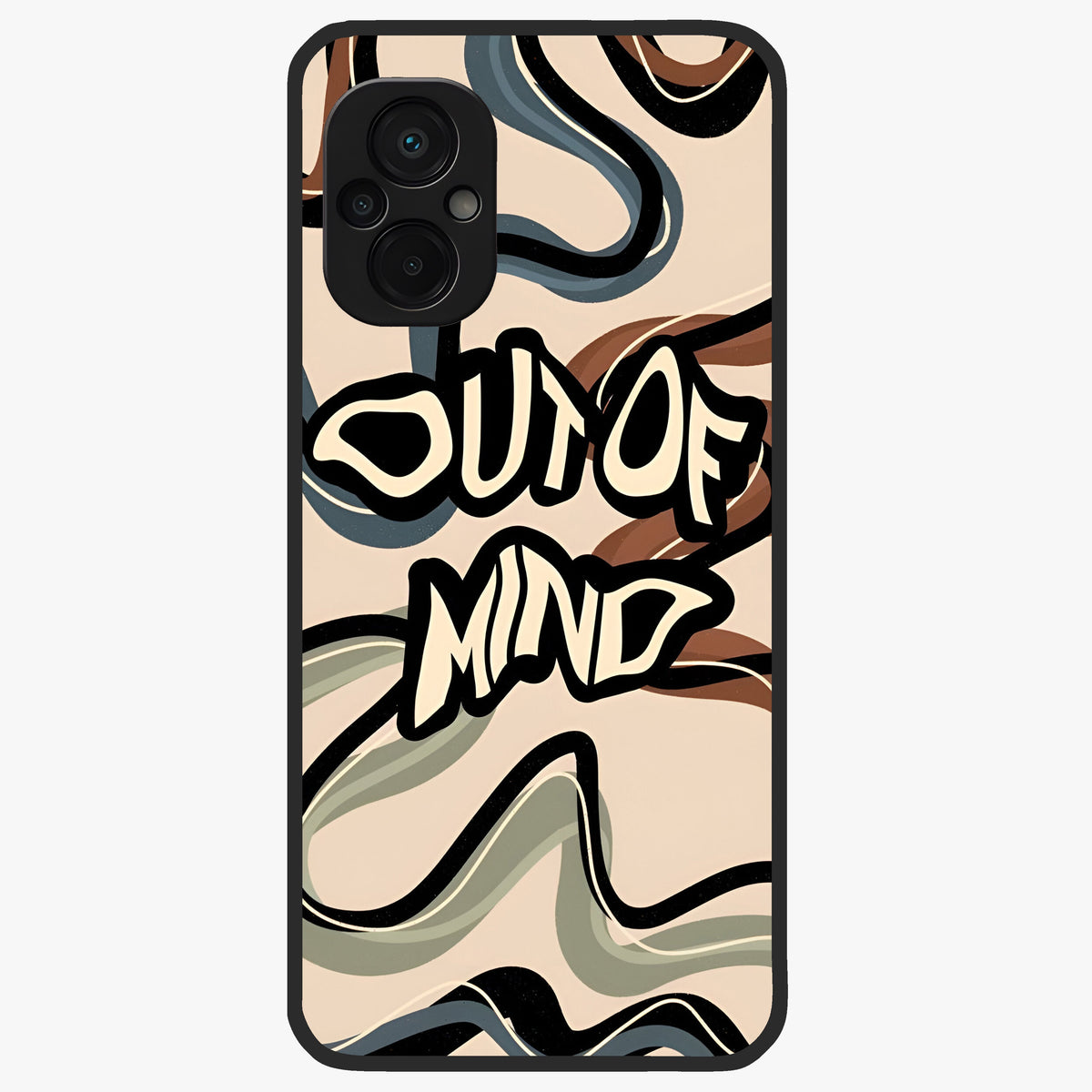 Out Of Mind Glass Case showing flat back view with expressive typography artwork and glossy glass finish.
