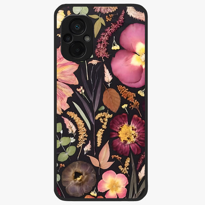 Petal Dream Tapestry Glass Case showing flat back view with intricate floral tapestry artwork and glossy glass finish.
