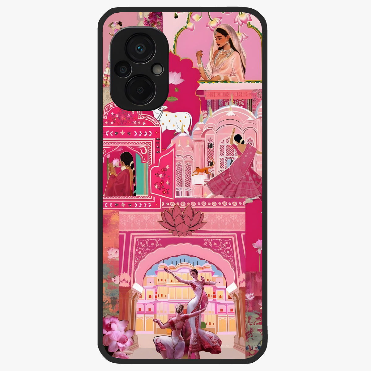 Pink Palace Muse Glass Case showing flat back view with elegant palace inspired artwork and glossy glass finish.