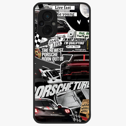 Porsche Racing Collage Glass Case showing flat back view with sports car racing collage artwork and glossy glass finish.