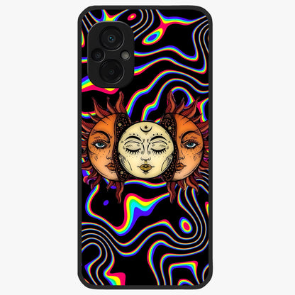 Psychedelic Sun Glass Case showing flat back view with colorful psychedelic sun artwork and glossy glass finish.