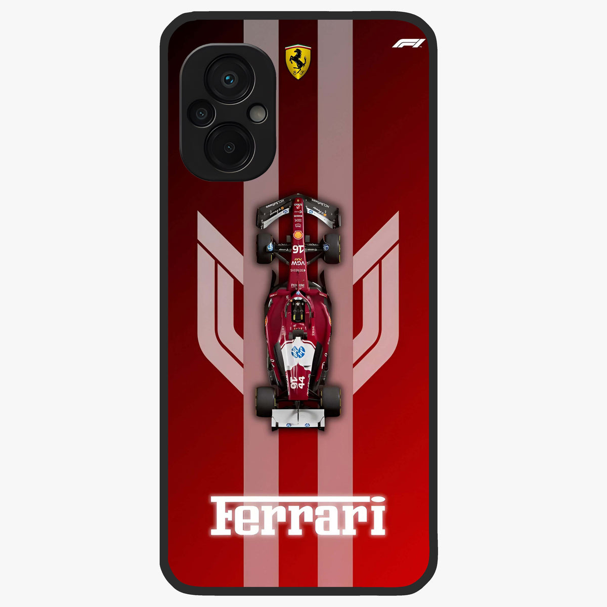 Red Ferrari F1 Vertical Glass Case showing flat back view with sleek Formula racing car artwork and glossy glass finish.