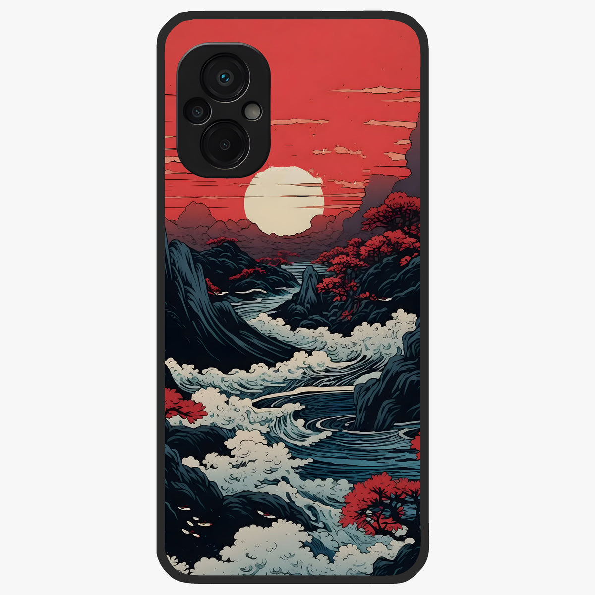 Red Sunset Scenery Glass Case showing flat back view with vibrant sunset landscape artwork and glossy glass finish.