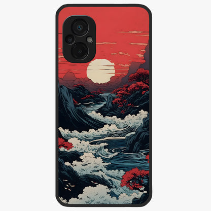 Red Sunset Scenery Glass Case showing flat back view with vibrant sunset landscape artwork and glossy glass finish.