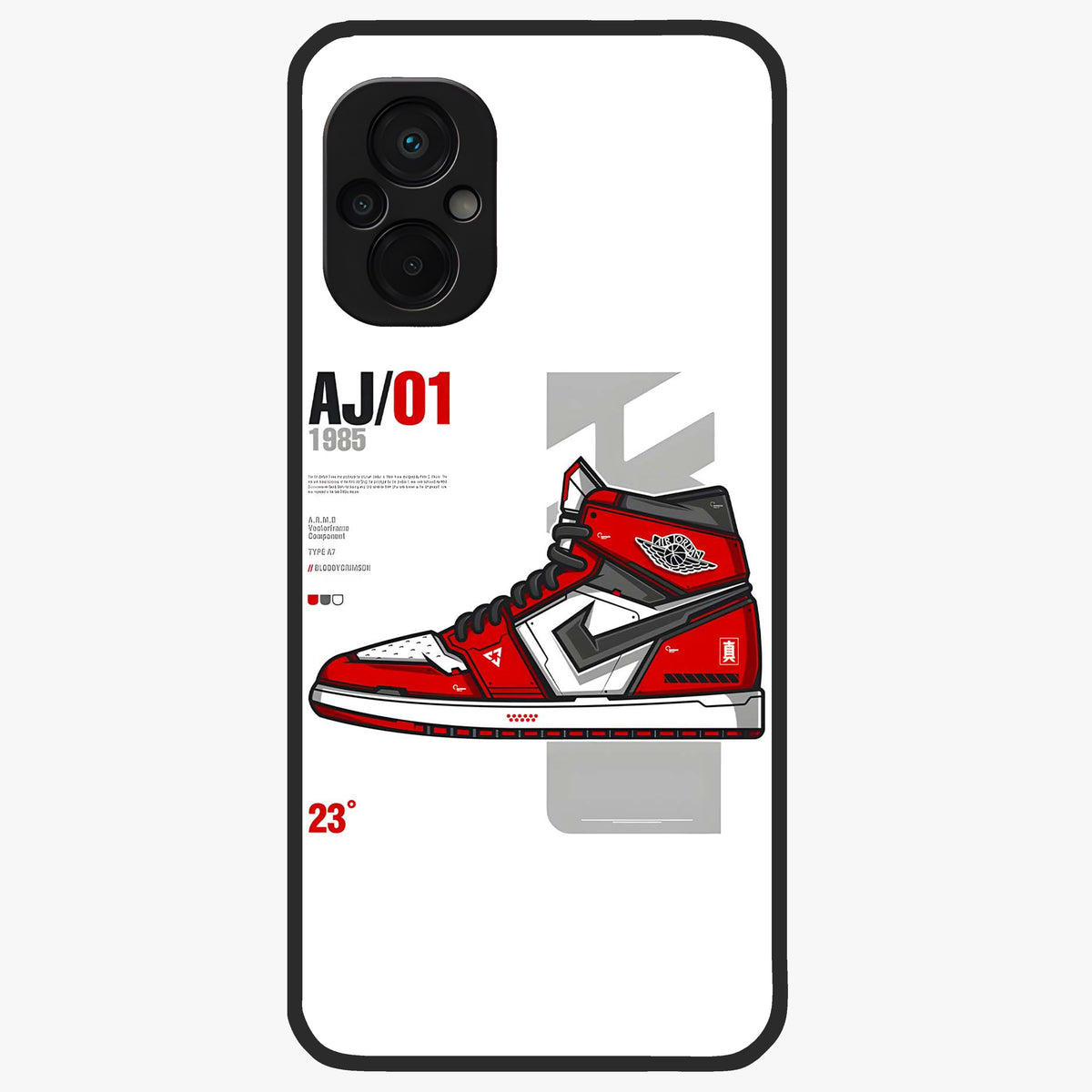 Retro Sneaker Blueprint Glass Case showing flat back view with sneaker blueprint style artwork and glossy glass finish.