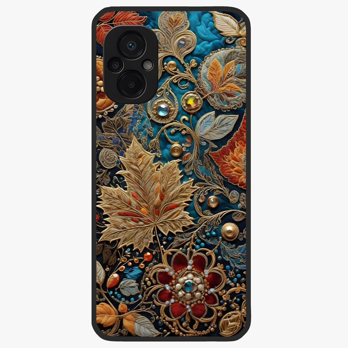 Royal Jewel Garden Glass Case showing flat back view with decorative floral garden artwork and glossy glass finish.