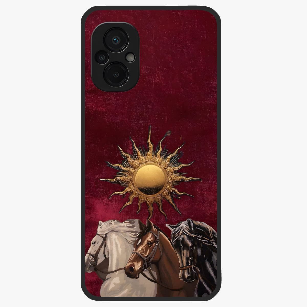 Solar Riders Glass Case showing flat back view with dynamic rider themed artwork and glossy glass finish.
