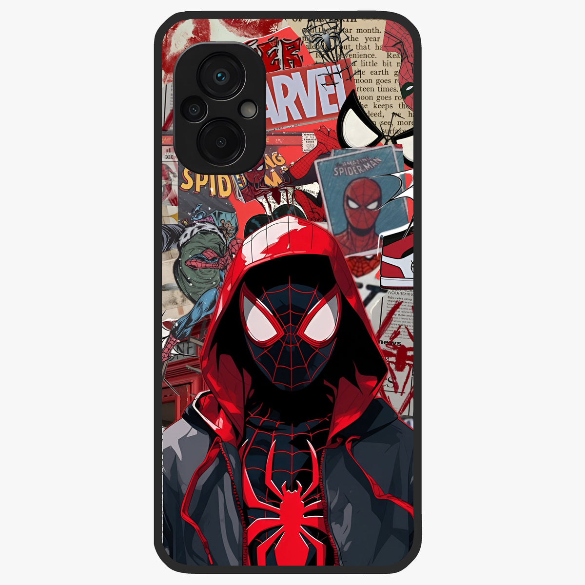 Spider Collage Street Glass Case showing flat back view with vibrant superhero collage artwork and glossy glass finish.