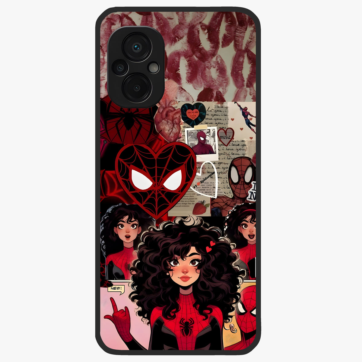 Spider Love Story Glass Case showing flat back view with romantic superhero themed artwork and glossy glass finish.