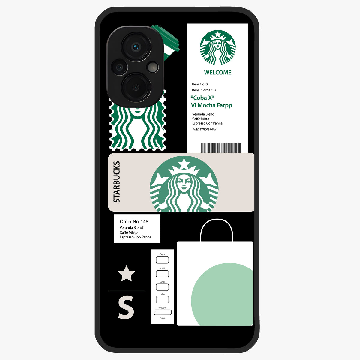 Starbucks Mocha Glass Case showing flat back view with coffee inspired artwork and glossy glass finish.