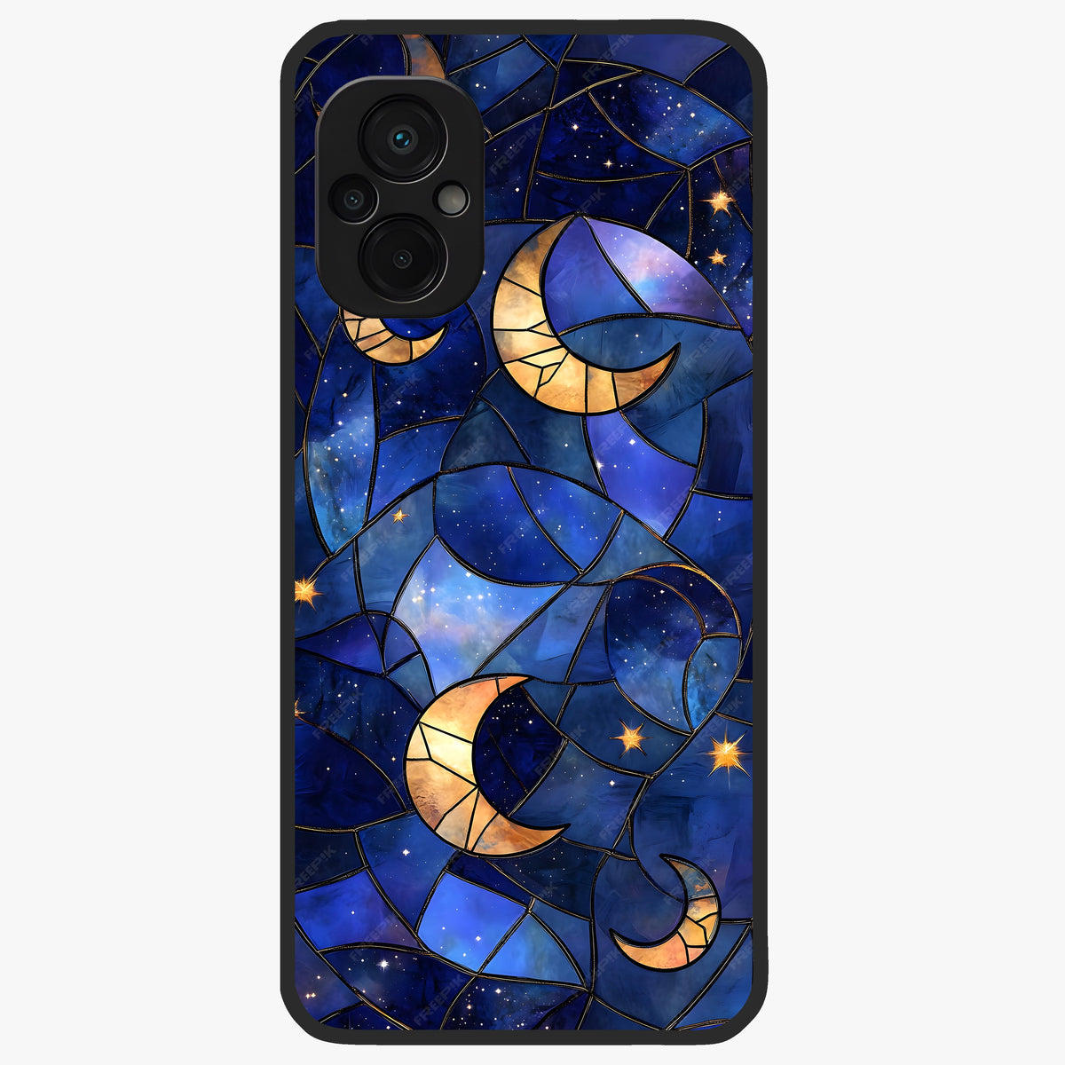 Starlit Sky Tapestry Glass Case showing flat back view with decorative starry sky tapestry artwork and glossy glass finish.