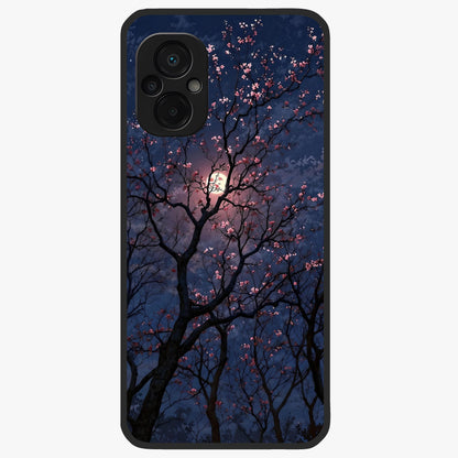 Twilight Sakura Serenade Glass Case showing flat back view with cherry blossom artwork at twilight and glossy glass finish.