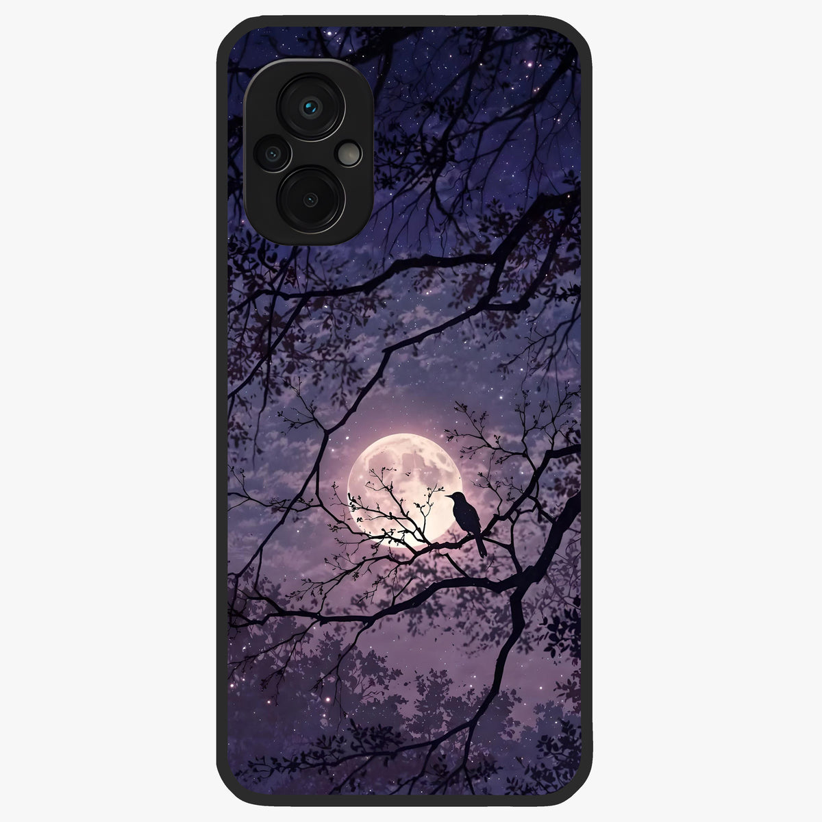 Whispering Moon Silence Glass Case showing flat back view with serene moon themed artwork and glossy glass finish.