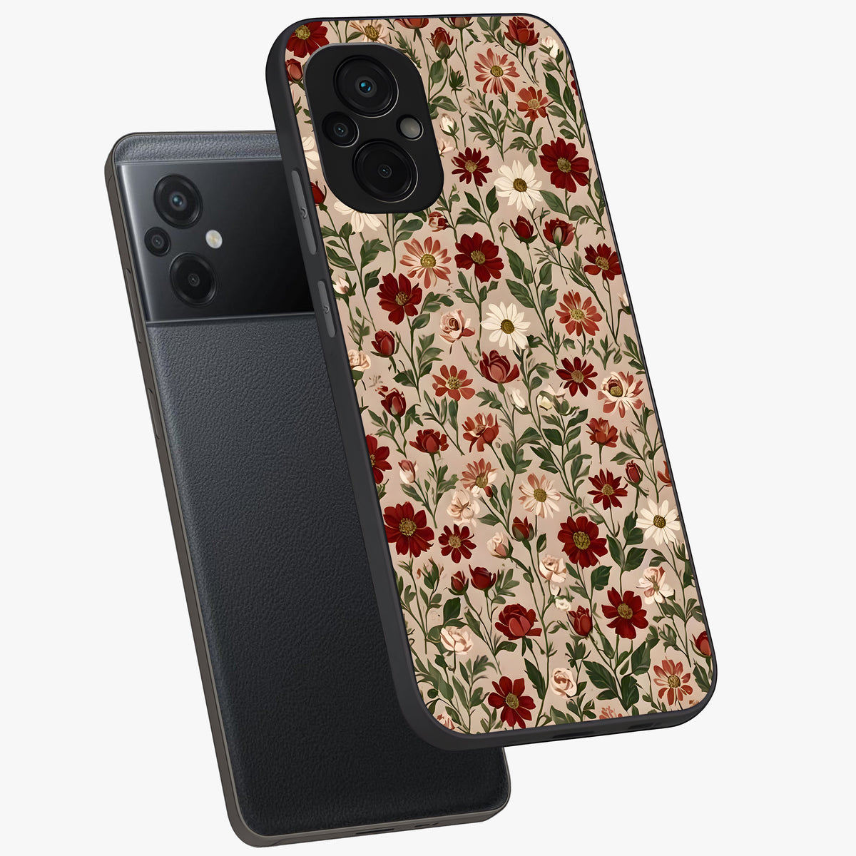Biege Flower With Leaf Glass Case displayed in angled mockup highlighting minimal floral leaf design and elegant aesthetic.